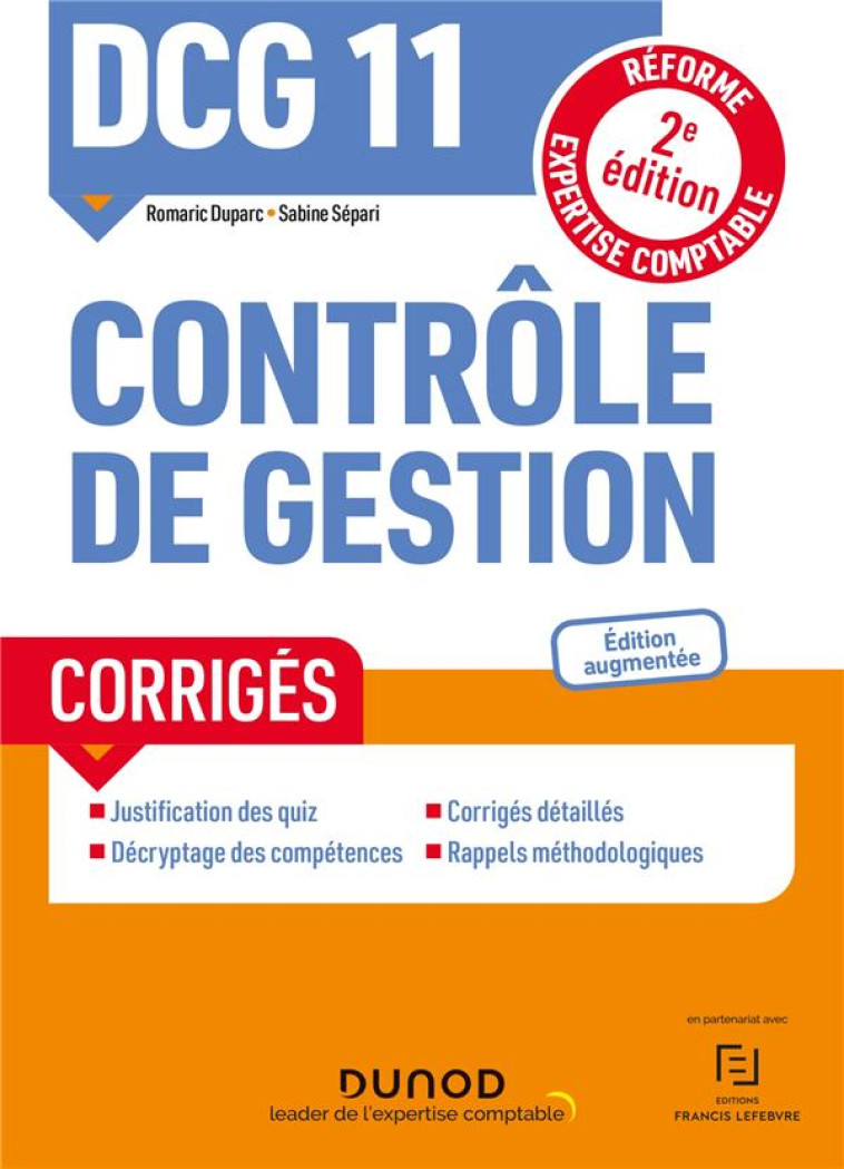 DCG 11 : CONTROLE DE GESTION  -  CORRIGES (2E EDITION) - DUPARC/SEPARI - DUNOD