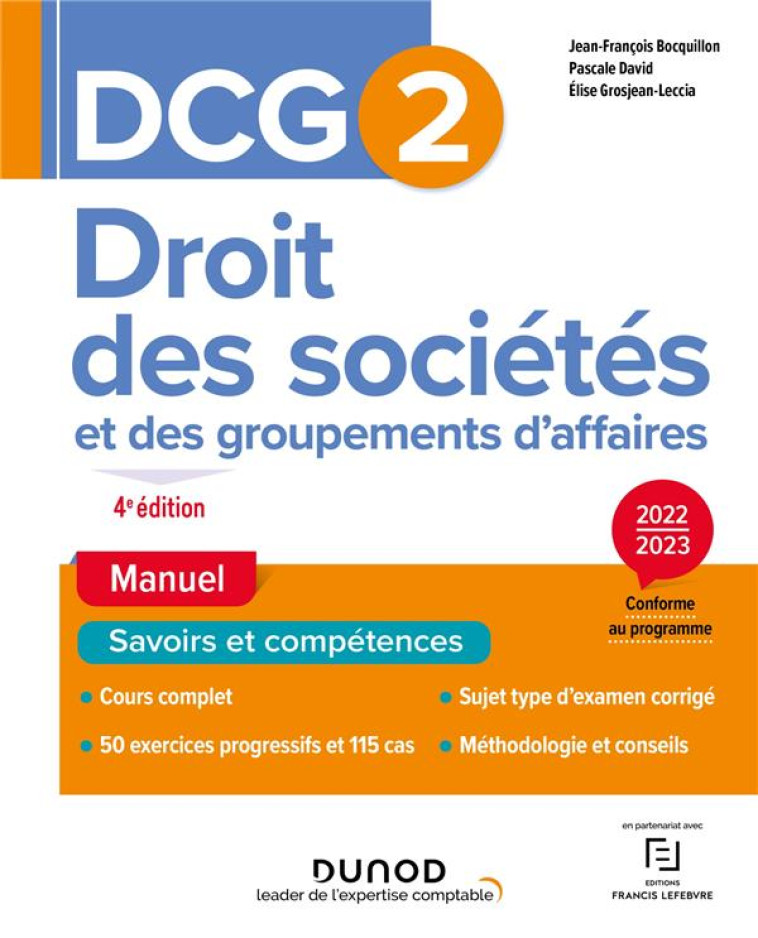 DCG 2 : DROIT DES SOCIETES ET DES GROUPEMENTS D'AFFAIRES  -  MANUEL (EDITION 2022/2023) - BOCQUILLON/DAVID - DUNOD