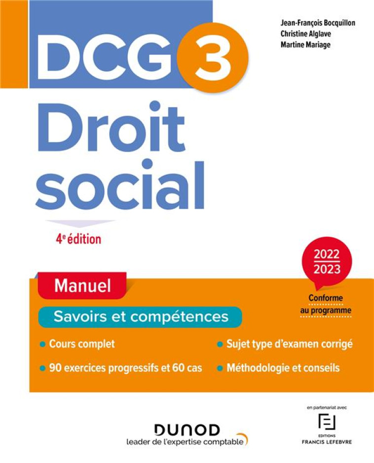 DCG 3 : DROIT SOCIAL  -  MANUEL (EDITION 2022/2023) - BOCQUILLON/ALGLAVE - DUNOD