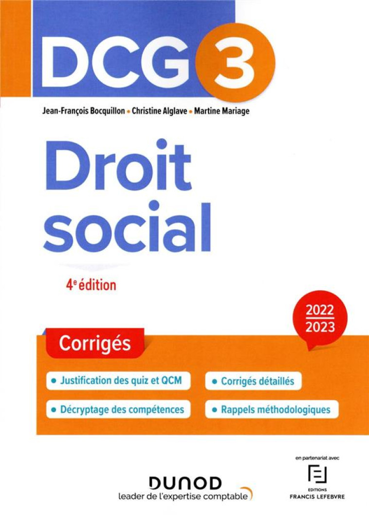 DCG 3 : DROIT SOCIAL  -  CORRIGES (EDITION 2022/2023) - BOCQUILLON/ALGLAVE - DUNOD