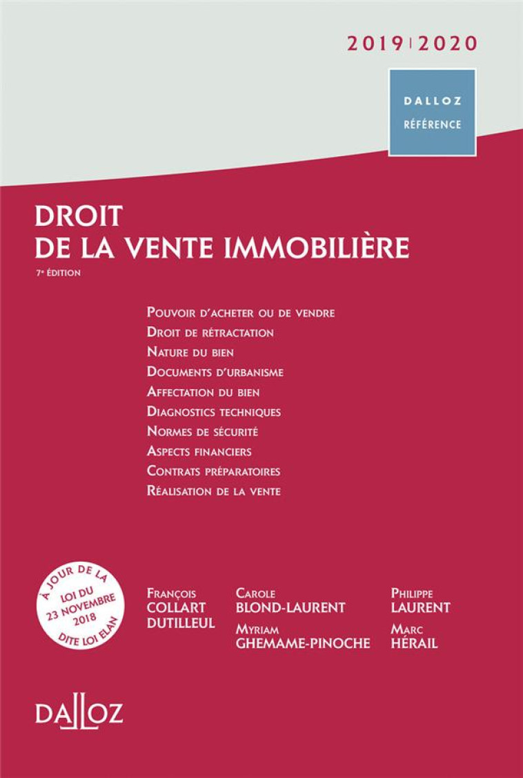 DROIT DE LA VENTE IMMOBILIERE (EDITION 2018/2019) (7E EDITION) - BLOND-LAURENT/HERAIL - DALLOZ