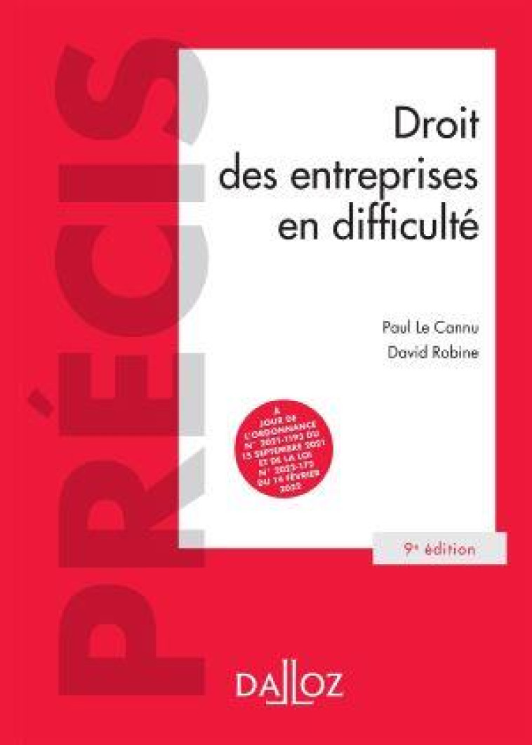 DROIT DES ENTREPRISES EN DIFFICULTE (9E EDITION) - JEANTIN/LE CANNU - DALLOZ