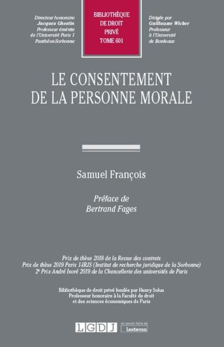 LE CONSENTEMENT DE LA PERSONNE MORALE - FRANCOIS SAMUEL - LGDJ