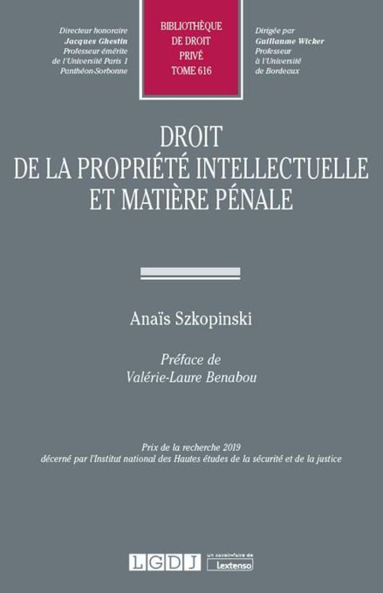 DROIT DE LA PROPRIETE INTELLECTUELLE ET MATIERE PENALE - SZKOPINSKI ANAIS - LGDJ