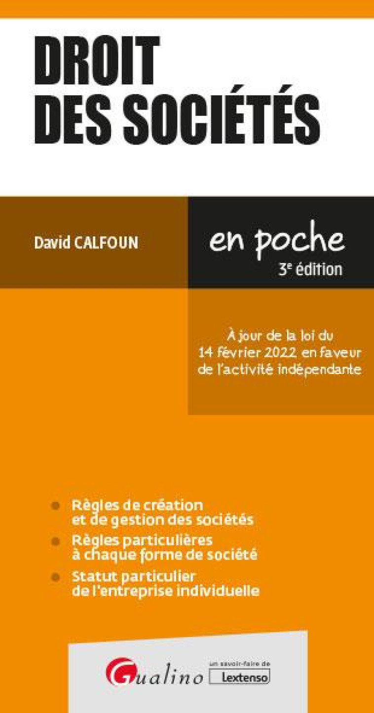 DROIT DES SOCIETES (3E EDITION) - CALFOUN DAVID - GUALINO