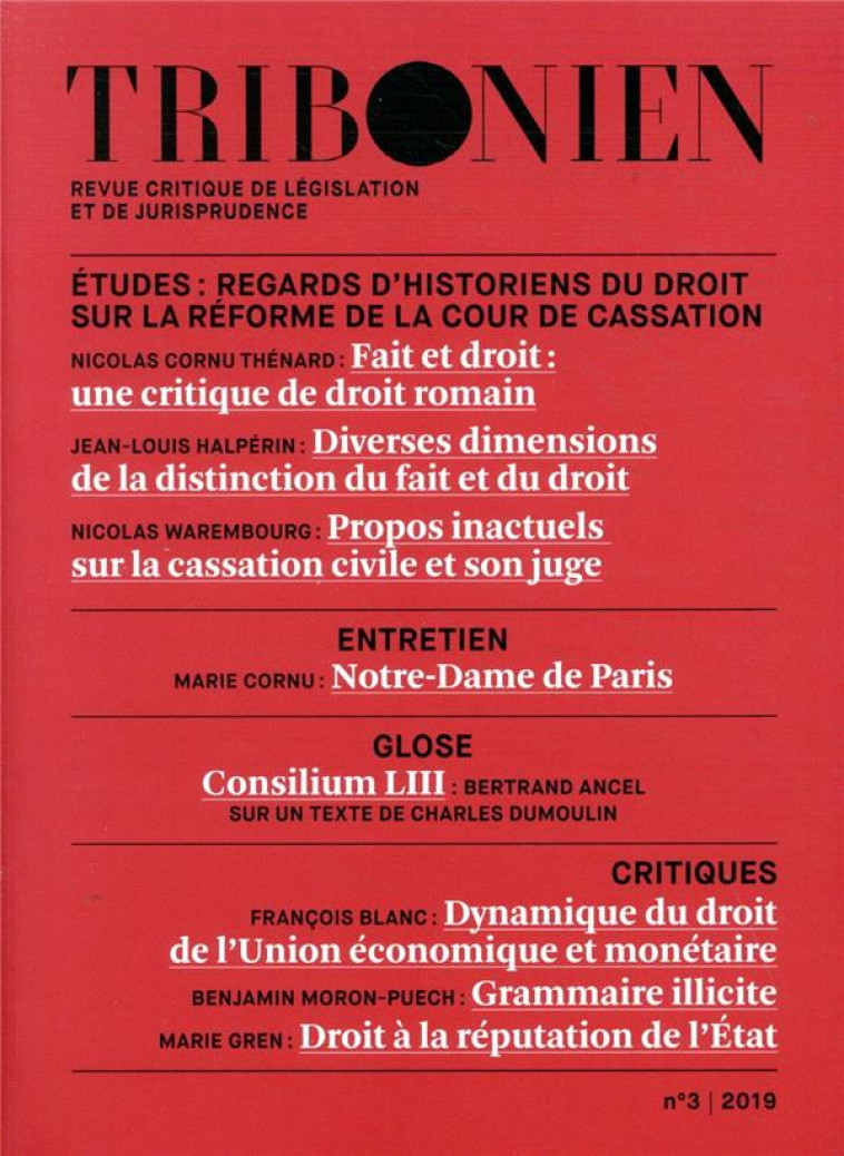 TRIBONIEN, REVUE CRITIQUE DE LEGISLATION ET DE JURISPRUDENCE N.2019/3 - CORNU THENARD - LEGIS COMPAREE