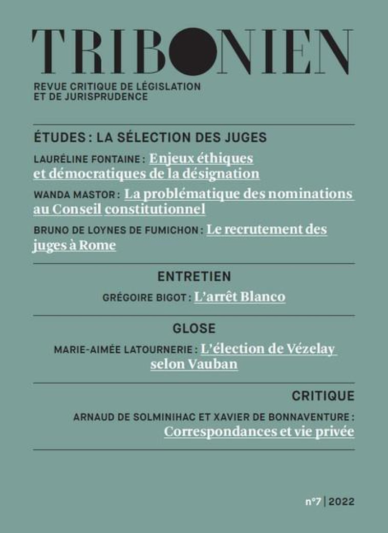 TRIBONIEN N.7 : TRIBONIEN REVUE CRITIQUE DE LEGISLATION ET DE JURISPRUDENCE (EDITION 2022) - CORNU THENARD N. - LEGIS COMPAREE